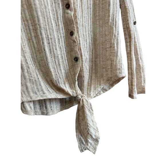 Rue 21 Women's Beige Striped Knit Tie Front Button Up Long Sleeve Shirt Size M‎ - Picture 5 of 7